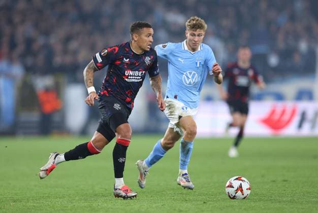 Hugo Bolin of Malmo and James Tavernier of Rangers Malmo v Rangers, UEFA Europa League, Group Stage, Football, Eleda Stadion, Malmo, Sweden, 26 Sep 2024 EDITORIAL USE ONLY No use with unauthorised audio, video, data, fixture lists, club league logos or live services. Online in-match use limited to 120 images, no video emulation. No use in betting, games or single club league player publications. Copyright: xMichaelxZemanek Shutterstockx 14739047bu