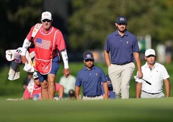September 28, 2024, Montreal, Pq, Canada: United States team member Xander Schauffele, second left to right, United States team member Patrick Cantlay, and International team member Tom Kim, of South Korea, walk to the 5th green during their fourth round foursomes match at the Presidents Cup golf tournament at Royal Montreal Golf Club, in Montreal, Saturday, Sept. 28, 2024. Xander Schauffele, Patrick Cantlay, Tom Kim - ZUMAc35_ 20240928_zaf_c35_130 Copyright: xNathanxDenettex