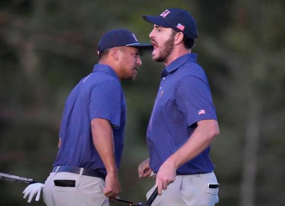 September 28, 2024, Montreal, Pq, Canada: United States team member Patrick Cantlay, right, celebrates with partner Xander Schauffele after winning their fourth round foursomes match on the 18th hole at the Presidents Cup golf tournament at Royal Montreal Golf Club Saturday, September 28, 2024 in Montreal. Patrick Cantlay, Xander Schauffele, - ZUMAc35_ 20240928_zaf_c35_201 Copyright: xFrankxGunnx