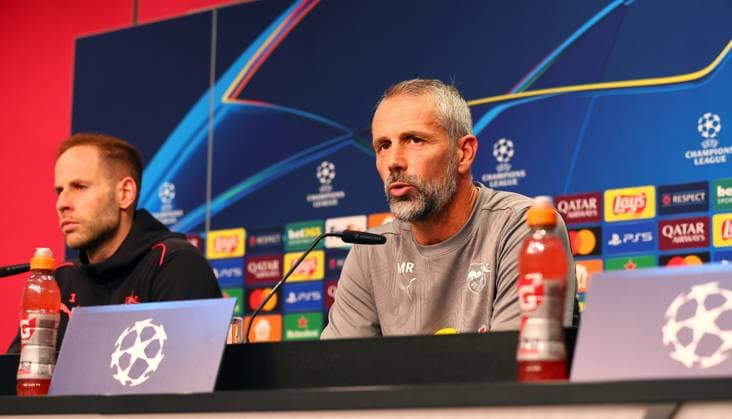 RB Leipzig Pressekonferenz Champions League Leipzig, 01.10.2024, RB Akademie, Fussball, UEFA Champions League, Matchday-1, RB LEIPZIG vs. JUVENTUS TURIN am 02 10 2024 , Pressekonferenz RB Leipzig , Im Bild: Torwart Peter Gulacsi (1, RB Leipzig) und Trainer Marco Rose (RB Leipzig) , ,