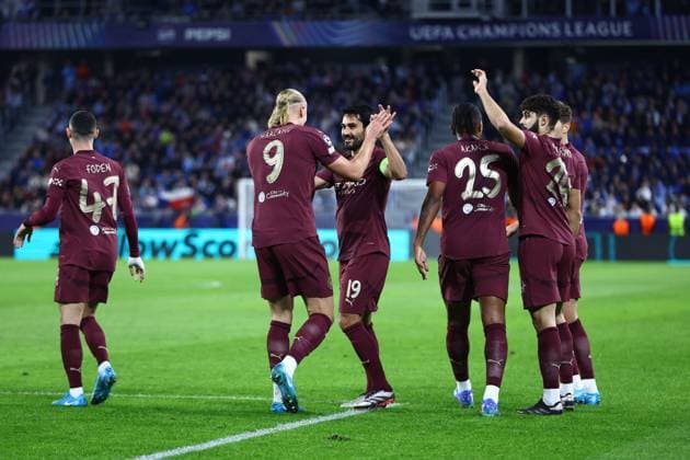Ilkay Gundogan of Manchester City celebrates scoring the opening goal with team-mate Erling Haaland of Manchester City Slovan Bratislava v Manchester City, UEFA Champions League, Group Stage, Football, Tehelne pole, Bratislava, Slovakia, 01 Oct 2024 EDITORIAL USE ONLY No use with unauthorised audio, video, data, fixture lists, club league logos or live services. Online in-match use limited to 120 images, no video emulation. No use in betting, games or single club league player publications. Copyright: xMichaelxZemanek Shutterstockx 14750163k