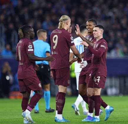Phil Foden of Manchester City celebrates scoring their sides second goal with team-mate Erling Haaland of Manchester City Slovan Bratislava v Manchester City, UEFA Champions League, Group Stage, Football, Tehelne pole, Bratislava, Slovakia, 01 Oct 2024 EDITORIAL USE ONLY No use with unauthorised audio, video, data, fixture lists, club league logos or live services. Online in-match use limited to 120 images, no video emulation. No use in betting, games or single club league player publications. Copyright: xMichaelxZemanek Shutterstockx 14750163m