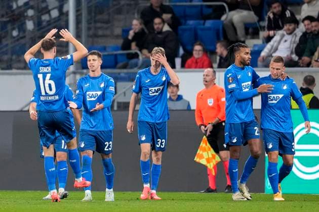 v.li.: Anton Stach (Hoffenheim, 16), Torschütze Adam Hlozek (Hoffenheim, 23), Max Moerstedt (Hoffenheim, 33), Kevin Akpoguma (Hoffenheim, 25), Pavel Kaderabek (Hoffenheim, 3), Spieler der TSG 1899 Hoffenheim, jubeln über das Tor zum 2:0, Jubel, Torjubel, Torerfolg, celebrate the goal, goal, celebration, jubelt ueber das Tor, Freuen, Freude, freut sich, optimistisch, positiv, Spielszene, Highlight, Action, Aktion, 03.10.2024, Sinsheim (Deutschland), Fussball, UEFA Europa League, Gruppenphase, TSG 1899 Hoffenheim - Dynamo Kiew, REGULATIONS PROHIBIT ANY USE OF PHOTOGRAPHS AS IMAGE SEQUENCES AND OR QUASI-VIDEO.