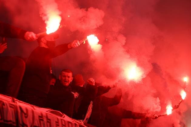 Ultras of Ferencvaros let off red flares Ferencvaros v Tottenham Hotspur, UEFA Europa League, Group Stage, Football, Groupama Arena, Budapest, Hungary, 03 Oct 2024 EDITORIAL USE ONLY No use with unauthorised audio, video, data, fixture lists, club league logos or live services. Online in-match use limited to 120 images, no video emulation. No use in betting, games or single club league player publications. Copyright: xMichaelxZemanek Shutterstockx 14750796an