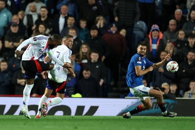 Alexandre Lacazette of Lyon scores his second goal during the Europa League group phase match at Ibrox Stadium, Glasgow. Rangers v Lyon, UEFA Europa League, Group Stage, Football, Ibrox Stadium, Glasgow, Portugal, 03 Oct 2024 EDITORIAL USE ONLY No use with unauthorised audio, video, data, fixture lists, club league logos or live services. Online in-match use limited to 120 images, no video emulation. No use in betting, games or single club league player publications. Copyright: xO Rourke RangersxFC Shutterstockx 14755166bj