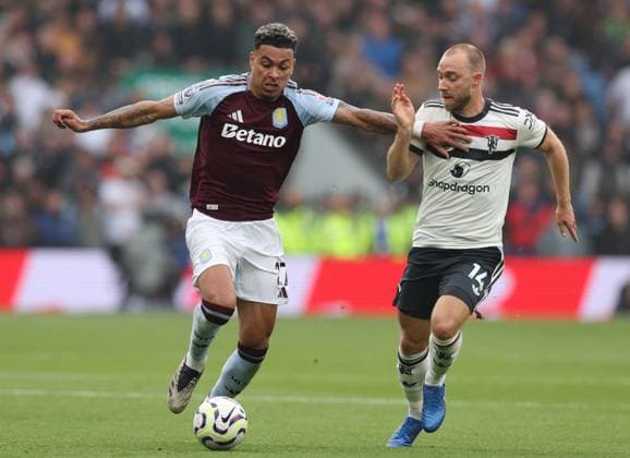 Football - 2024 2025 Premier League - Aston Villa vs Manchester United, ManU - Villa Park - Sunday 6th October 2024 Morgan Rogers of Aston Villa and Christian Eriksen of Manchester United