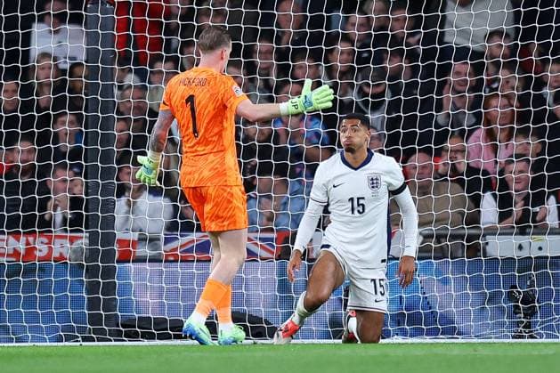 Levi Colwill of England prevents a Greece opening goal after a mistake from Jordan Pickford of England England v Greece, UEFA Nations League, League B, Group 2, Football, Wembley Stadium, London, UK, 10 Oct 2024 EDITORIAL USE ONLY No use with unauthorised audio, video, data, fixture lists, club league logos or live services. Online in-match use limited to 120 images, no video emulation. No use in betting, games or single club league player publications. Copyright: xMichaelxZemanek Shutterstockx 14767424ar
