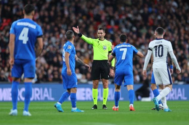 Referee Andrea Colombo England v Greece, UEFA Nations League, League B, Group 2, Football, Wembley Stadium, London, UK, 10 Oct 2024 EDITORIAL USE ONLY No use with unauthorised audio, video, data, fixture lists, club league logos or live services. Online in-match use limited to 120 images, no video emulation. No use in betting, games or single club league player publications. Copyright: xMichaelxZemanek Shutterstockx 14767424gx