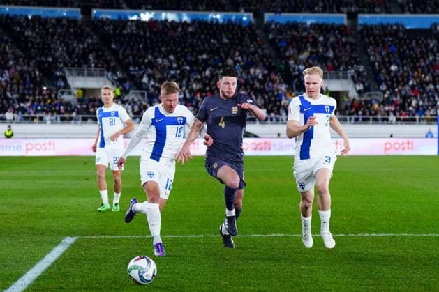 Declan Rice of England and Jere Uronen of Finland Finland v England, UEFA Nations League, League B, Group 2, Football, Helsinki Olympic Stadium, Helsinki, Finland, 13 Oct 2024 EDITORIAL USE ONLY No use with unauthorised audio, video, data, fixture lists, club league logos or live services. Online in-match use limited to 120 images, no video emulation. No use in betting, games or single club league player publications. Copyright: xJavierxGarcia Shutterstockx 14776794cg