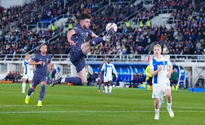 Declan Rice of England Finland v England, UEFA Nations League, League B, Group 2, Football, Helsinki Olympic Stadium, Helsinki, Finland, 13 Oct 2024 EDITORIAL USE ONLY No use with unauthorised audio, video, data, fixture lists, club league logos or live services. Online in-match use limited to 120 images, no video emulation. No use in betting, games or single club league player publications. Copyright: xJavierxGarcia Shutterstockx 14776794ix