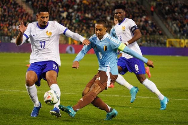 Youri Tielemans of Belgium sees his shot blocked by William Saliba of France Belgium v France, UEFA Nations League, League A, Group 2, Football, Stade Roi Baudouin, Brussels, Belgium, 14 Oct 2024 EDITORIAL USE ONLY No use with unauthorised audio, video, data, fixture lists, club league logos or live services. Online in-match use limited to 120 images, no video emulation. No use in betting, games or single club league player publications. Copyright: xDavexWinter Shutterstockx 14783126ax