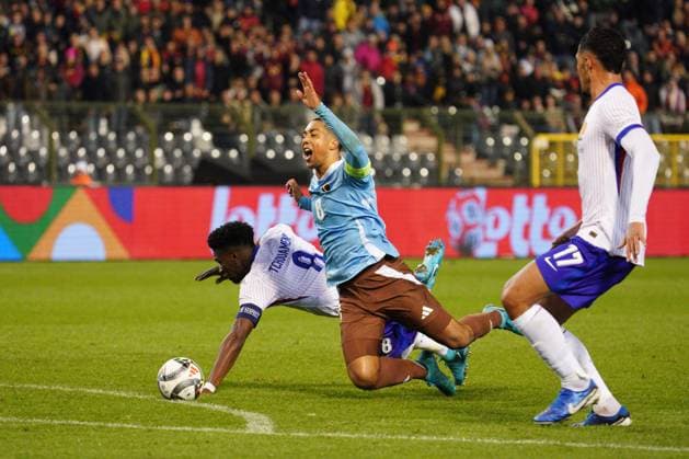 Aurelien Tchouameni of France receives a red card for a foul on Youri Tielemans of Belgium Belgium v France, UEFA Nations League, League A, Group 2, Football, Stade Roi Baudouin, Brussels, Belgium, 14 Oct 2024 EDITORIAL USE ONLY No use with unauthorised audio, video, data, fixture lists, club league logos or live services. Online in-match use limited to 120 images, no video emulation. No use in betting, games or single club league player publications. Copyright: xDavexWinter Shutterstockx 14783126bh