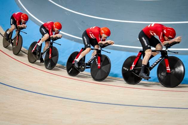Frederik Rodenberg, Carl-Frederik Bo vort, Niklas Larsen and Rasmus Lund from Denmark during the men s qualification in the 4000 meter team pursuit at the World Championship, WM, Weltmeisterschaft in Track cycling, Rad, Radsport, Bahnrad, Bahn in Ballerup Super Arena in Denmark, Wednesday, October 16, 2024.. (Photo: Mads Claus Rasmussen Ritzau Scanpix) , Denmark Copyright: RitzauxScanpix MadsxClausxRasmussenx spdk20241016-140445-L