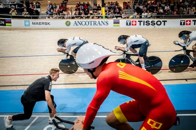 Benjamin Boss, Felix Gross, Ben Felix Jochum and Bruno Kessler from Germany during the men s first round in the 4000 meter team pursuit race during the World Championship, WM, Weltmeisterschaft in Track cycling, Rad, Radsport, Bahnrad, Bahn in Ballerup Super Arena in Denmark Wednesday, October 16, 2024.. (Photo: Mads Claus Rasmussen Ritzau Scanpix) , Ballerup Denmark Copyright: RitzauxScanpix MadsxClausxRasmussenx spdk20241016-221401-L