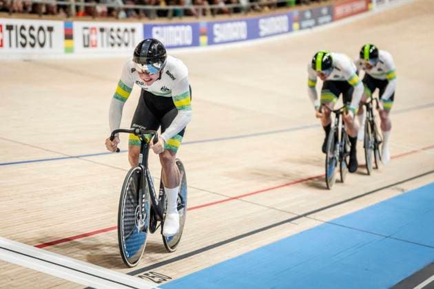 Ryan Elliott, Leigh Hoffman and Thomas Cornish from Australia win silver in the men s team sprint final at the World Championship, WM, Weltmeisterschaft in Track cycling, Rad, Radsport, Bahnrad, Bahn at Ballerup Super Arena in Denmark on Wednesday, October 16, 2024. (Photo: Mads Claus Rasmussen Ritzau Scanpix) , Ballerup Denmark Copyright: RitzauxScanpix MadsxClausxRasmussenx spdk20241016-220300-L