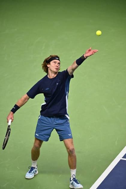 STOCKHOLM, SWEDEN 20241018 Andrei Rublev, playing under a neutral flag, in action during the quarter-final BNP Paribas Nordic Open ATP, Tennis Herren tennis match against Stan Wawrinka, Switzerland, at the Royal Tennis Hall, in Stockholm, Sweden, on Oct. 18, 2024. STOCKHOLM SWEDEN x10040x