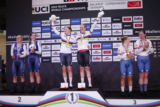 CICLISMO - Ciclismo su Pista - Tissot 2024 Track World Championships Tissot Track cycling, Rad, Radsport, Bahnrad, Bahn World Championship, WM, Weltmeisterschaft - Ballerup, Copenaghen, Womenâ??s Madison Final - Dideriksen Amalie, Leth Julie, Denmark - Berteau Victorie, Borras Marion, Fracnce - Evans Neah, Archibald Katie, Great Britain during Tissot 2024 Track World Championships, Track cycling race in Copenhagen, Denmark, October 19 2024 Copenhagen Denmark Copyright: xIPAxSport ABACAx