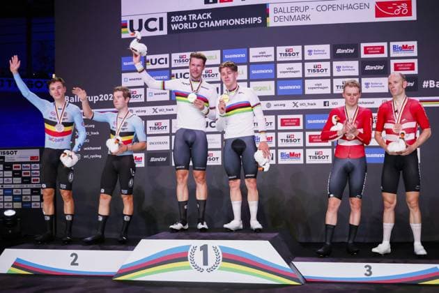 CICLISMO - Ciclismo su Pista - Tissot 2024 Track World Championships Tissot Track cycling, Rad, Radsport, Bahnrad, Bahn World Championship, WM, Weltmeisterschaft - Ballerup, Copenaghen, Den- 20 - 10-2024 - Men s Madison - Kluge Roger, Teutenberg Tim Tom - De Vylder Lindsay, Van De Bossche Fabio - Larsen Niklas, Morkov Michael during Tissot 2024 Track World Championships, Track cycling race in Copenhagen, Denmark, October 20 2024 Copenhagen Denmark Copyright: xIPAxSport ABACAx