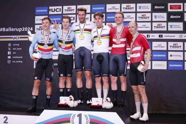 CICLISMO - Ciclismo su Pista - Tissot 2024 Track World Championships Tissot Track cycling, Rad, Radsport, Bahnrad, Bahn World Championship, WM, Weltmeisterschaft - Ballerup, Copenaghen, Den- 20 - 10-2024 - Men s Madison - Kluge Roger, Teutenberg Tim Tom - De Vylder Lindsay, Van De Bossche Fabio - Larsen Niklas, Morkov Michael during Tissot 2024 Track World Championships, Track cycling race in Copenhagen, Denmark, October 20 2024 Copenhagen Denmark Copyright: xIPAxSport ABACAx
