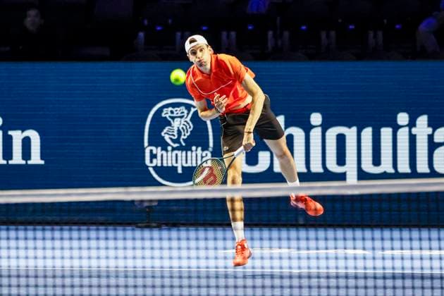 Ugo Humbert (FRA) , Tennis, Swiss Indoors ATP, Tennis Herren World Tour 500), 1 16 Finals Einzel, 2024, Ugo Humbert (FRA) vs. Jerome Kym (SUI), 21.10.2024, St. Jakobshalle, Basel, Schweiz Basel St. Jakobshalle BS Schweiz Copyright: xGrantxHubbsx