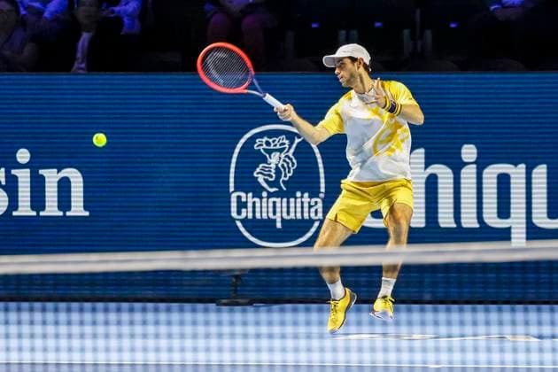 Nuno Borges (POR) , Tennis, Swiss Indoors ATP, Tennis Herren World Tour 500), 1 16 Finals Einzel, 2024, Andrey Rublev vs. Nuno Borges (POR), 21.10.2024, St. Jakobshalle, Basel, Schweiz Basel St. Jakobshalle BS Schweiz Copyright: xGrantxHubbsx