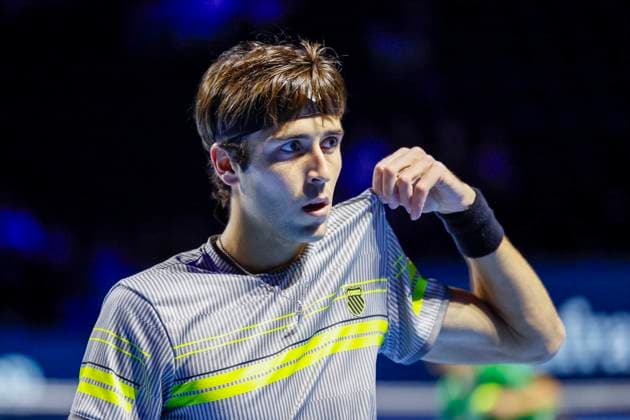 Tomas Martin Etcheverry (ARG) , Tennis, Swiss Indoors ATP, Tennis Herren World Tour 500), 1 16 Finals Einzel, 2024, Tomas Martin Etcheverry (ARG) vs. Ben Shelton (USA), 22.10.2024, St. Jakobshalle, Basel, Schweiz Basel St. Jakobshalle BS Schweiz Copyright: xGrantxHubbsx