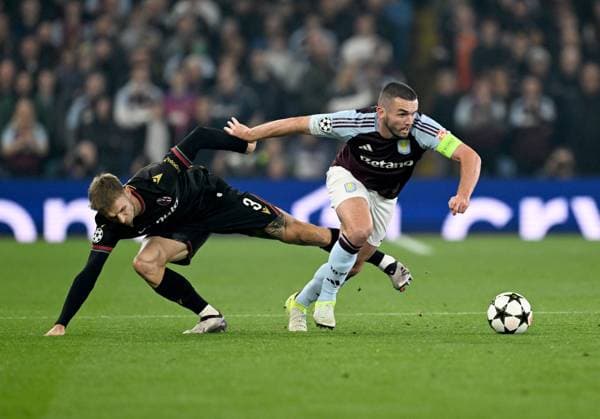 Stefan Posch of Bologna and John McGinn of Aston Villa Aston Villa v Bologna, UEFA Champions League, Group Stage, Football, Villa Park, Birmingham, UK, 22 Oct 2024 EDITORIAL USE ONLY No use with unauthorised audio, video, data, fixture lists, club league logos or live services. Online in-match use limited to 120 images, no video emulation. No use in betting, games or single club league player publications. Copyright: xAnnaxGowthorpe Shutterstockx 14801595aa