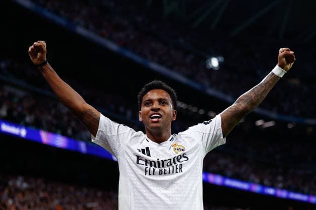 October 22, 2024, Madrid, Madrid, SPAIN: Rodrygo Goes of Real Madrid celebrates a goal of Lucas Vazquez of Real Madrid during the UEFA Champions League 2024 25 League Phase MD3 match between Real Madrid CF and Borussia Dortmund at Estadio Santiago Bernabeu on October 22, 2024, in Madrid, Spain. Madrid SPAIN - ZUMAa181 20241022_zaa_a181_263 Copyright: xDennisxAgyemanx