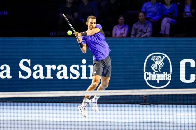 Felix Auger-Aliassime (CAN) , Tennis, Swiss Indoors ATP, Tennis Herren World Tour 500), 1 16 Finals Einzel, 2024, Felix Auger-Aliassime (CAN) vs. Sebastian Baez (ARG), 23.10.2024, St. Jakobshalle, Basel, Schweiz Basel St. Jakobshalle BS Schweiz Copyright: xGrantxHubbsx