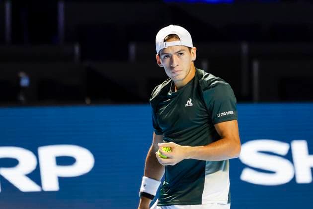 Sebastian Baez (ARG) , Tennis, Swiss Indoors ATP, Tennis Herren World Tour 500), 1 16 Finals Einzel, 2024, Felix Auger-Aliassime (CAN) vs. Sebastian Baez (ARG), 23.10.2024, St. Jakobshalle, Basel, Schweiz Basel St. Jakobshalle BS Schweiz Copyright: xGrantxHubbsx