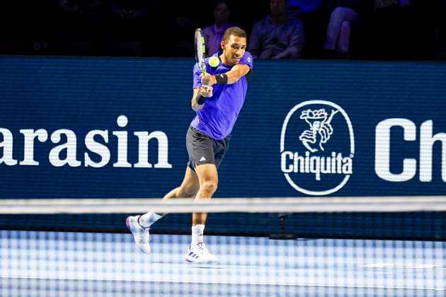 Felix Auger-Aliassime (CAN) , Tennis, Swiss Indoors ATP, Tennis Herren World Tour 500), 1 16 Finals Einzel, 2024, Felix Auger-Aliassime (CAN) vs. Sebastian Baez (ARG), 23.10.2024, St. Jakobshalle, Basel, Schweiz Basel St. Jakobshalle BS Schweiz Copyright: xGrantxHubbsx