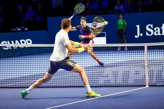 Roberto Bautista Agut (ESP) und Casper Ruud (NOR) , Tennis, Swiss Indoors ATP, Tennis Herren World Tour 500), 1 16 Finals Einzel, 2024, Roberto Bautista Agut (ESP) vs. Casper Ruud (NOR), 23.10.2024, St. Jakobshalle, Basel, Schweiz Basel St. Jakobshalle BS Schweiz Copyright: xGrantxHubbsx