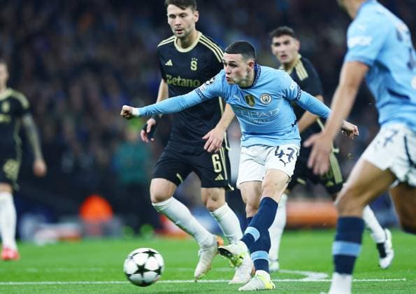 Phil Foden of Manchester City scores the opening goal Manchester City v Sparta Praha, UEFA Champions League, Group Stage, Football, Etihad Stadium, Manchester, UK, 23 Oct 2024 EDITORIAL USE ONLY No use with unauthorised audio, video, data, fixture lists, club league logos or live services. Online in-match use limited to 120 images, no video emulation. No use in betting, games or single club league player publications. Copyright: xMattxWest Shutterstockx 14801642o