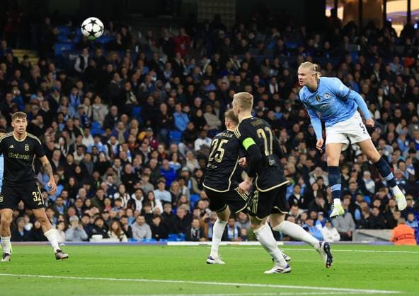 Erling Haaland of Manchester City wins a header Manchester City v Sparta Praha, UEFA Champions League, Group Stage, Football, Etihad Stadium, Manchester, UK, 23 Oct 2024 EDITORIAL USE ONLY No use with unauthorised audio, video, data, fixture lists, club league logos or live services. Online in-match use limited to 120 images, no video emulation. No use in betting, games or single club league player publications. Copyright: xMattxWest Shutterstockx 14801642v