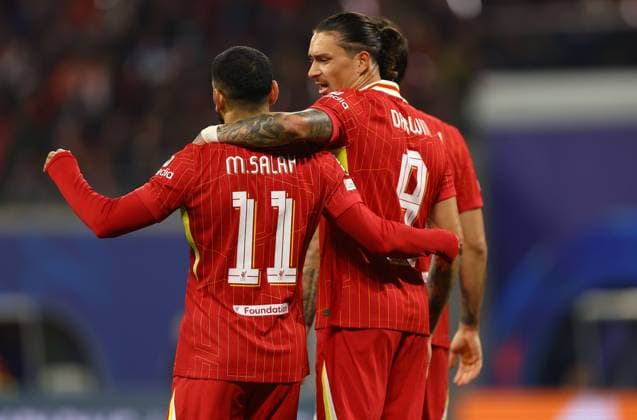 Darwin Nunez of Liverpool celebrates scoring a goal to make the score 0-1 with Mohamed Salah RB Leipzig v Liverpool, UEFA Champions League, Group Stage, Football, Red Bull Arena, Leipzig, Germany, 23 Oct 2024 EDITORIAL USE ONLY No use with unauthorised audio, video, data, fixture lists, club league logos or live services. Online in-match use limited to 120 images, no video emulation. No use in betting, games or single club league player publications. Copyright: xKieranxMcManus Shutterstockx 14801646y