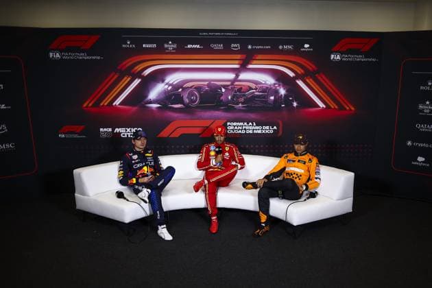 press conference, PK, Pressekonferenz VERSTAPPEN Max (ned), Red Bull Racing RB20, LECLERC Charles (mco), Scuderia Ferrari SF-24, NORRIS Lando (gbr), McLaren F1 Team MCL38, portrait during the Formula 1 Gran Premio de la Ciudad de Mexico 2024, 20th round of the 2024 Formula One World Championship, WM, Weltmeisterschaft from October 25 to 27, 2024 on the Autodromo Hermanos Rodriguez, in Mexico City, Mexico - F1 - MEXICO CITY GRAND PRIX 2024 DPPI Panoramic 241027_R20_MESSICO_EA022775