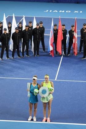 China Jiujiang WTA, Tennis Damen Jiangxi Open Viktorija Golubic of Switzerland, left, and Rebecca Sramkova of Slovakia, right, celebrate after the final of the WTA Jiangxi Open in Jiujiang in central China s Jiangxi province Sunday, Nov. 03, 2024. Golubic beat Sramkova by 6-3, 7-5., Credit:FEATURECHINA Avalon CHINA, JIANGXI, JIUJIANG Copyright: xFEATURECHINAx xAvalonx 0777791896st
