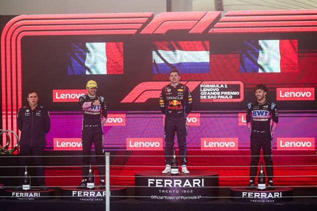 VERSTAPPEN Max (ned), Red Bull Racing RB20, OCON Esteban (fra), Alpine F1 Team A524, GASLY Pierre (fra), Alpine F1 Team A524, portrait podium during the Formula 1 Grande Premio de Sao Paulo 2024, 21th round of the 2024 Formula One World Championship, WM, Weltmeisterschaft from November 1 to 3, 2024 on the Interlagos Circuit, in Sao Paulo, Brazil - F1 - SAO PAULO GRAND PRIX 2024 DPPI Panoramic 241103_R21_BRASILE_DP_FGDN8970