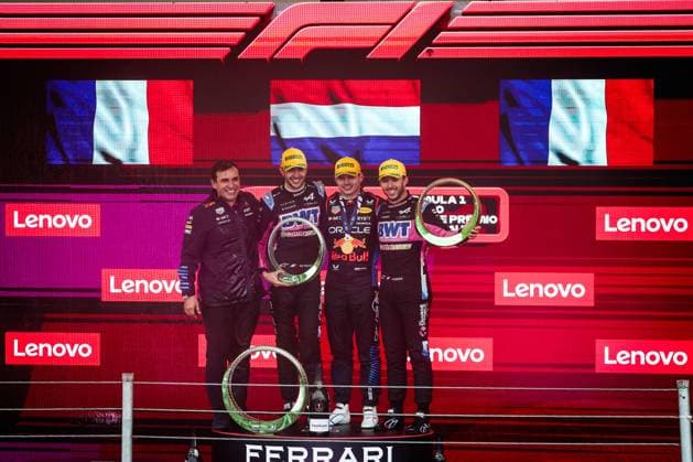 VERSTAPPEN Max (ned), Red Bull Racing RB20, OCON Esteban (fra), Alpine F1 Team A524, GASLY Pierre (fra), Alpine F1 Team A524, portrait podium during the Formula 1 Grande Premio de Sao Paulo 2024, 21th round of the 2024 Formula One World Championship, WM, Weltmeisterschaft from November 1 to 3, 2024 on the Interlagos Circuit, in Sao Paulo, Brazil - F1 - SAO PAULO GRAND PRIX 2024 DPPI Panoramic 241103_R21_BRASILE_DP_FGDN9152