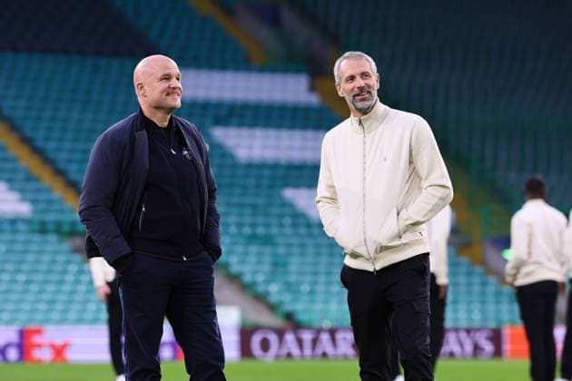 Celtic Glasgow - RB Leipzig Matchday-1 Glasgow, 04.11.2024, Celtic Park, Fussball, UEFA Champions League, 4. Spieltag , Celtic Glasgow vs. RB Leipzig, Matchday-1 , Im Bild: Pitchwalk Rouven Schröder Schroeder (RBL Sportdirektor) und Trainer Marco Rose (RB Leipzig) , Only editorial use! Foto nur zur redaktionellen Nutzung bestimmt! , UEFA regulations prohibit any use of photographs as image sequences and or quasi-video ,