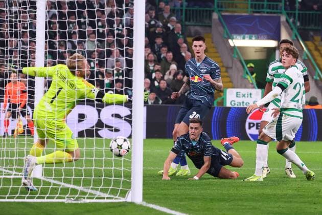 Celtic Glasgow - RB Leipzig Champions League Glasgow, 05.11.2024, Celtic Park, Fussball, UEFA Champions League, 4. Spieltag , Celtic Glasgow vs. RB Leipzig , Im Bild: Tor für RB Leipzig, Christoph Baumgartner (14, RB Leipzig) trifft per Kopf zum 0:1 , Only editorial use! Foto nur zur redaktionellen Nutzung bestimmt! , UEFA regulations prohibit any use of photographs as image sequences and or quasi-video ,