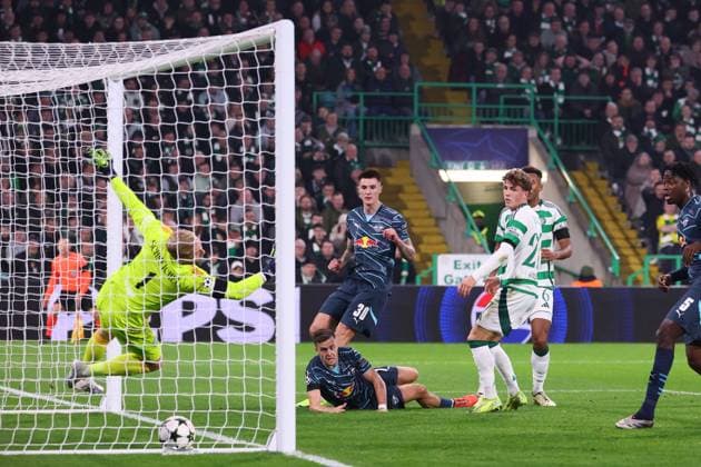 Celtic Glasgow - RB Leipzig Champions League Glasgow, 05.11.2024, Celtic Park, Fussball, UEFA Champions League, 4. Spieltag , Celtic Glasgow vs. RB Leipzig , Im Bild: Tor für RB Leipzig, Christoph Baumgartner (14, RB Leipzig) trifft per Kopf zum 0:1 , Only editorial use! Foto nur zur redaktionellen Nutzung bestimmt! , UEFA regulations prohibit any use of photographs as image sequences and or quasi-video ,