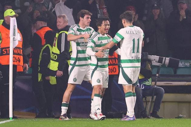 Celtic Glasgow - RB Leipzig Champions League Glasgow, 05.11.2024, Celtic Park, Fussball, UEFA Champions League, 4. Spieltag , Celtic Glasgow vs. RB Leipzig , Im Bild: Tor für Celtic, Torjubel nach dem 3:1, Torschütze Reo Hatate ( 41, Celtic) , Only editorial use! Foto nur zur redaktionellen Nutzung bestimmt! , UEFA regulations prohibit any use of photographs as image sequences and or quasi-video ,