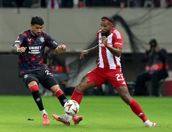 Jefte of Rangers and Rodinei of Olympiacos battles for the ball during the Europa League group phase match at the Stadio Georgios Karaiskakis, Athens. Olympiakos v Rangers, UEFA Europa League, Group Stage, Football, Georgios Karaiskakis Stadium, Pireas, Greece - 07 Nov 2024 EDITORIAL USE ONLY No use with unauthorised audio, video, data, fixture lists, club league logos or live services. Online in-match use limited to 120 images, no video emulation. No use in betting, games or single club league player publications. Copyright: xLukexNickerson RangersxFC Shutterstockx 14878765cd