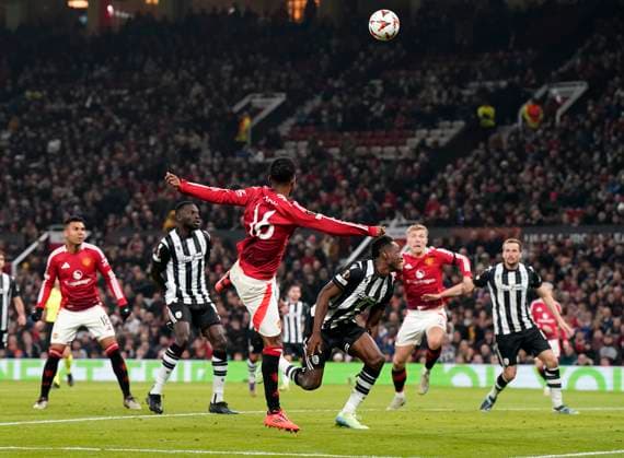 Manchester, England, 7th November 2024. Amad Diallo of Manchester United, ManU scores and celebrates scoring his sides opening goal during the UEFA Europa League match at Old Trafford, Manchester. Picture credit should read: Andrew Yates Sportimage EDITORIAL USE ONLY. No use with unauthorised audio, video, data, fixture lists, club league logos or live services. Online in-match use limited to 120 images, no video emulation. No use in betting, games or single club league player publications. SPI-3442-0034