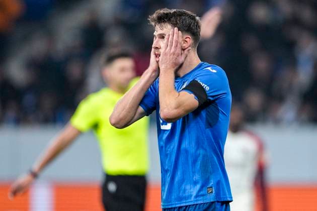 Anton Stach (Hoffenheim, 16), Spieler der TSG 1899 Hoffenheim, enttäuscht schauend, Enttäuschung, Frustration, disappointed, pessimistisch, Aktion, Action, Spielszene, 07.11.2024, Sinsheim (Deutschland), Fussball, UEFA Europa League, Gruppenphase, TSG 1899 Hoffenheim - Olympique Lyon, REGULATIONS PROHIBIT ANY USE OF PHOTOGRAPHS AS IMAGE SEQUENCES AND OR QUASI-VIDEO.