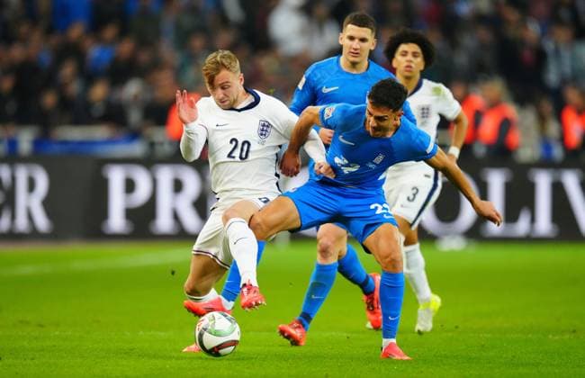 Jarrod Bowen of England battles with with Dimitris Giannoulis of Greece Greece v England, UEFA Nations League, League B, Group 2, Football, Olympic Stadium, Athens, Greece - 14 Nov 2024 EDITORIAL USE ONLY No use with unauthorised audio, video, data, fixture lists, club league logos or live services. Online in-match use limited to 120 images, no video emulation. No use in betting, games or single club league player publications. Copyright: xJavierxGarcia Shutterstockx 14902321cj