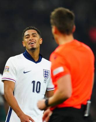 Jude Bellingham of England reacts towards the referee Greece v England, UEFA Nations League, League B, Group 2, Football, Olympic Stadium, Athens, Greece - 14 Nov 2024 EDITORIAL USE ONLY No use with unauthorised audio, video, data, fixture lists, club league logos or live services. Online in-match use limited to 120 images, no video emulation. No use in betting, games or single club league player publications. Copyright: xJavierxGarcia Shutterstockx 14902321fk