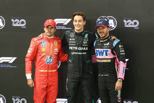 l-r: 2 Startplatz, Carlos Sainz jr. (Scuderia Ferrari HP), Poleposition, George Russell (Mercedes-AMG), 3 Startplatz, Pierre Gasly (Alpine), Grosser Preis von Las Vegas, Motorsport, Herren, Formel 1, Qualifying, 22.11.2024 Las Vegas Nevada USA
