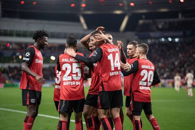 GER, UEFA Champions League, Bayer 04 Leverkusen vs FC Salzburg 26.11.2024, BayArena, Leverkusen, GER, UEFA Champions League, Bayer 04 Leverkusen vs FC Salzburg Im Bild: Torjubel Jubel ueber das Tor zum 4:0 durch Patrik Schick (Bayer 04 Leverkusen, 14) Jeremie Frimpong (Bayer 04 Leverkusen, 30) Florian Wirtz (Bayer 04 Leverkusen, 10) Granit Xhaka (Bayer 04 Leverkusen, 34) Exequiel Palacios (Bayer 04 Leverkusen, 25) Alex Grimaldo (Bayer 04 Leverkusen, 20)